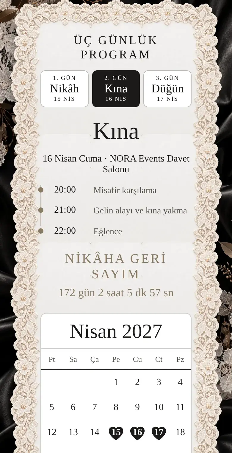 Üç günlük davetiyenin gün sekmeli program bölümü
